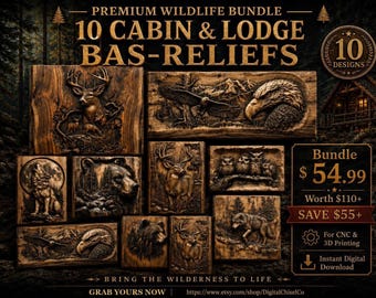 PREMIUM Wildlife Cabin Bundle | 10 Deer Eagle Bear Wolf Moose 3D Relief STL Files | CNC Router Wood Carving Lodge Wall Art Hunter Decor
