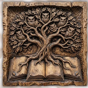 May include: A carved wooden wall art piece featuring a tree with owls and an open book. The tree has detailed branches and leaves, with owls perched among the foliage. The open book is at the base of the tree.