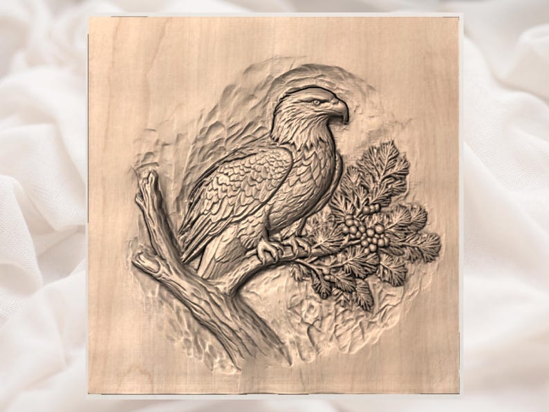 May include: A detailed wood carving of an eagle perched on a branch with foliage. The eagle is depicted in profile, with intricate feather details and a sharp beak. The carving is set against a textured background.
