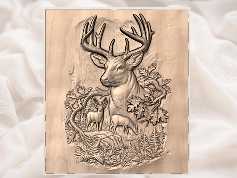 May include: A detailed wood carving of a deer with large antlers, surrounded by foliage and two smaller deer. The artwork is in a natural wood tone, showcasing the texture and depth of the carving.