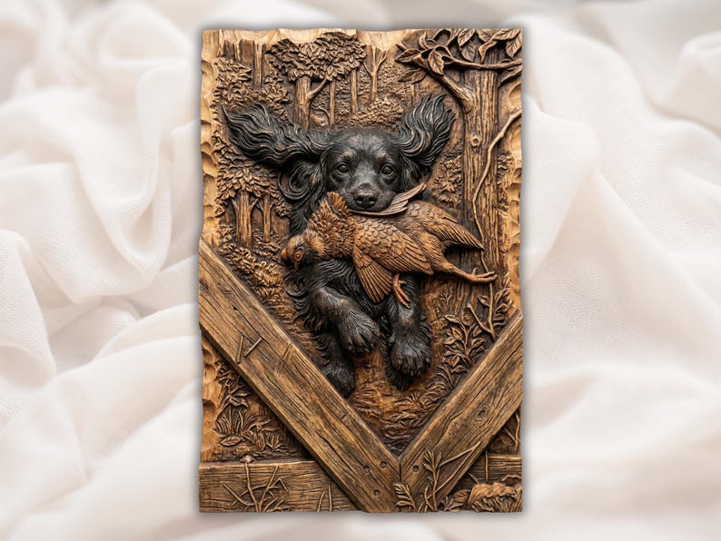 Hunting Dog Carrying Pheasant 3D Relief STL