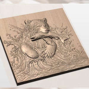 Bear Catching Fish 3D Relief STL view 3