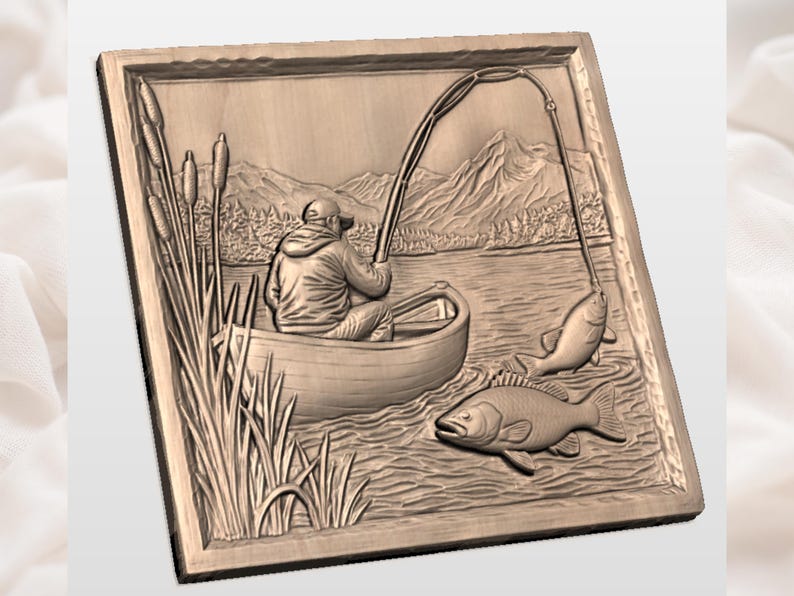 Fishing Boat Lake Scene 3D Relief STL | Angler in Rowboat Wood Carving Panel |Mountain Lake Fishing STL | Fisherman Boat + Fish Wall Plaque image 2