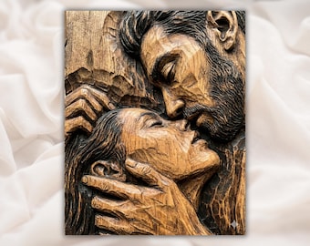 Couple Kiss 3D-reliëf STL-bestand | Romantische minnaars houtnerf CNC-snijwerk | Liefde muurkunst bruiloft | 3D-print en lasergravure STL