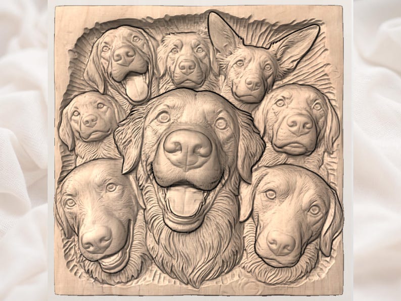 Paquete de perros STL / Relieve de retrato de varios perros / Decoración de pared para mascotas / Obra de arte rústica para amantes de los perros / Diseño de tallado en madera / Placa de animales STL imagen 3