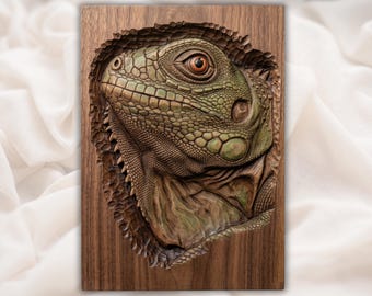 Rzeźba 3D z jaszczurką iguaną (STL) | Panel z rzeźbą głowy gada | Sztuka ścienna z motywem dzikiej przyrody | Portret gada (STL) | Tabliczka ścienna z twarzą iguany | Miłośnik jaszczurek
