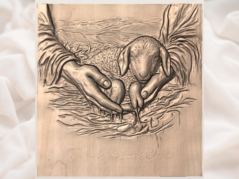 May include: A wooden relief carving of a lamb held in two hands. The lamb is the focal point, with detailed fur and a calm expression. The hands are intricately carved, and the text "The hands and feet of Christ" is at the bottom of the carving.