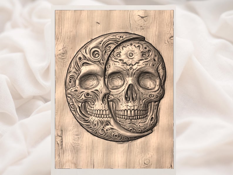 May include: A detailed wood carving featuring two skulls intertwined within a crescent moon shape. The skulls and moon are intricately carved with floral and swirling patterns. The artwork is set against a light brown, wood-grain background.