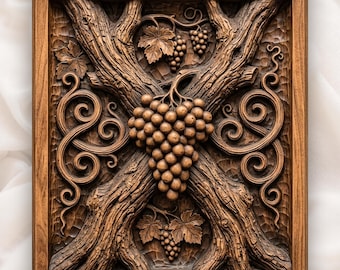 Vineyard Grapes X Vine CNC Relief STL | Wine Cellar Wall Art | Rustic Decorative Wood Panel