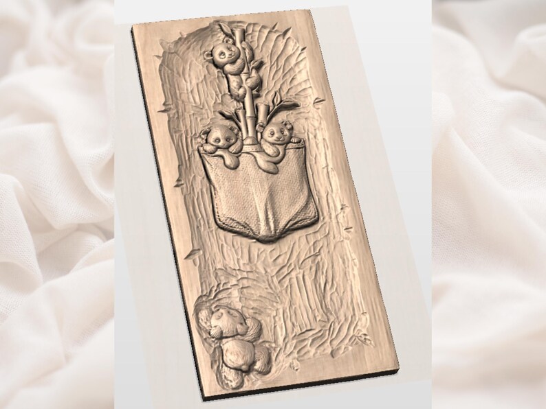 May include: A rectangular wooden carving with a relief of pandas in a bamboo forest. The design includes pandas in a pocket and climbing bamboo stalks. The carving has a natural wood colour and detailed textures.