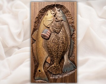 3 wiszące sznurki na ryby STL | Pstrąg basowy, flądra, tabliczka ścienna | Patriotyczny połów ryb 3D, płaskorzeźba STL | Czerwony, biały, niebieski sznurek na ryby