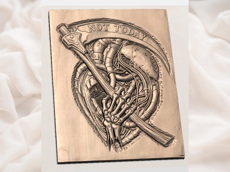 May include: A wooden plaque with a detailed relief carving. The design features a skeletal hand holding a scythe, with a heart-shaped mechanical structure. The words "NOT TODAY" are carved above the scythe.
