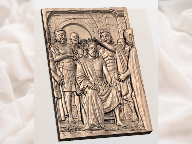 May include: A detailed relief sculpture depicting a biblical scene. The artwork features figures in classical attire, including a central seated figure being crowned with thorns by others. The relief is rendered in a warm, earthy tone, with intricate details.