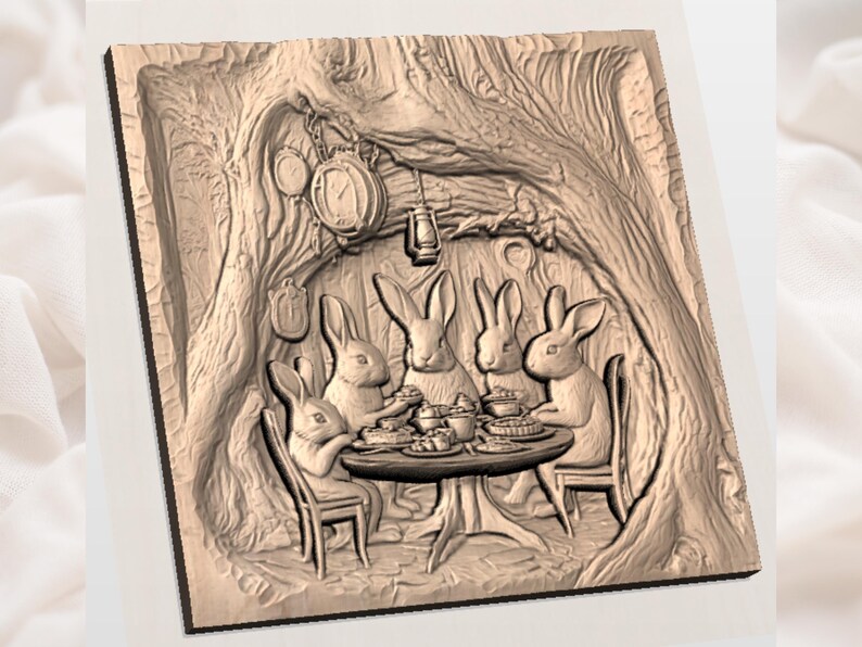 Bunny Tea Party STL | Easter Rabbit Relief | Whimsical Wall Decor | Woodland Tree Scene | Wood Carving Design | Storybook Plaque image 2