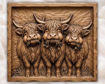 Highland Cow Trio with Lucky Clovers 3D Relief STL | Scottish Farmhouse Decor | CNC Router 3D Print