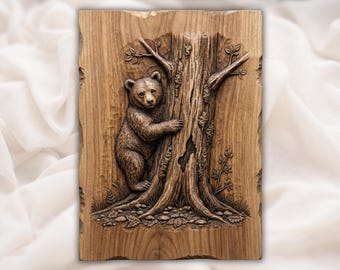 Bear Cub 3D Relief STL | CNC Router Wood Carving Panel File | Cute Bear Hugging Tree Bas-Relief | Wildlife Cabin Decor