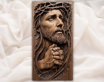 Jesus Praying with Rosary STL | Christian Relief Carving |Crown of Thorns CNC Router File | Religious Wood Wall Plaque | Catholic Prayer Art