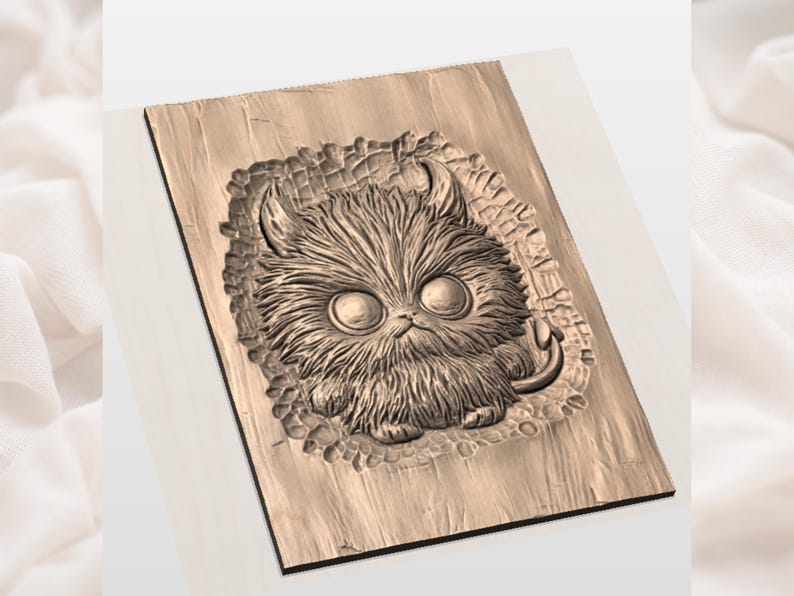 May include: A detailed wood carving of a whimsical creature with large eyes, fur, and horns. The carving is set on a rectangular wooden plaque with a textured background. The creature has a tail and is surrounded by a decorative border.