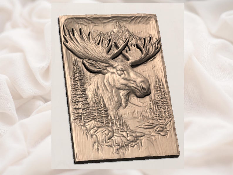 3D bas relief moose head carving designed for CNC routers, showcasing antlers, forest trees, and mountain background with deep shadowing, realistic wood grain texture, and optimized toolpaths for Aspire, VCarve, and ArtCAM workflows.