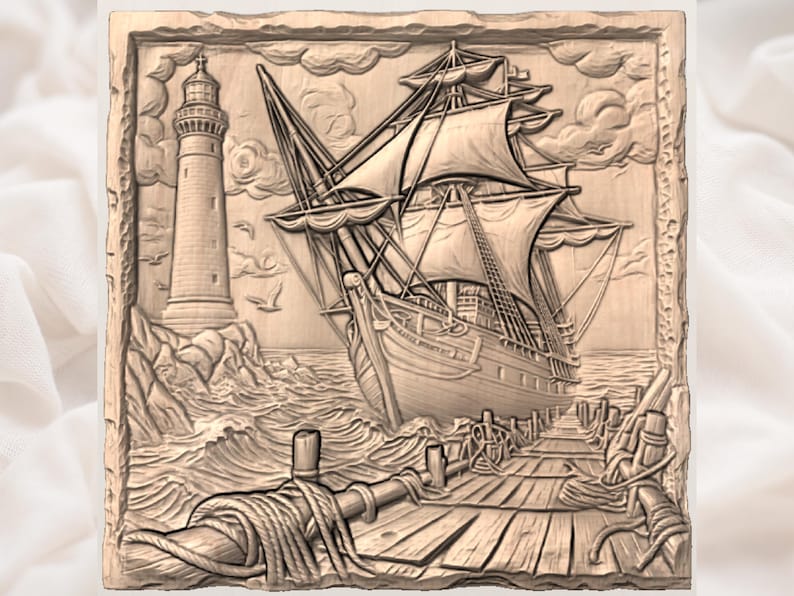 Harbor Ship File | Lighthouse Pier Carving | Maritime Wall Art Decor | Engraved Wood Look | Nautical Scene Plaque | Printable Relief Model image 2