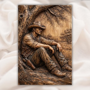 Cowboy Under Tree STL Relief view 1