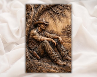 Cowboy Under Tree STL Relief | Western Man 3D Carving File for CNC Router | Rustic Ranch Wall Art Panel | Home decor