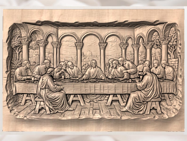 Puede incluir: Tallado en madera detallado que representa la &Uacute;ltima Cena. La obra de arte presenta figuras sentadas alrededor de una larga mesa, dentro de un entorno arquitect&oacute;nico con arcos y columnas. El tallado es en tonos marrones.