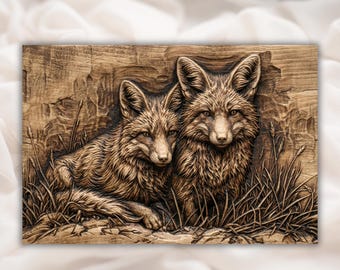 Twee vossen 3D-reliëf STL | Houtsnijbestand CNC-router | Woodland Fox Couple Wall Art-paneel | Lasergravure en 3D-print