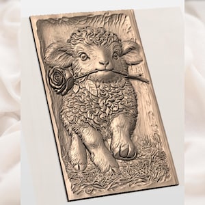 Cute Lamb with Rose Relief STL view 3