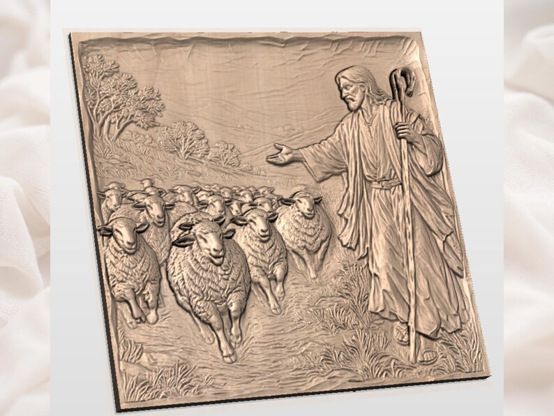 Good Shepherd Jesus 3D Relief STL | Shepherd With Sheep Christian CNC Router Wood Carving Panel | Bible Scene Bas-Relief | 3D Print STL File image 2