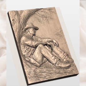 Cowboy Under Tree STL Relief view 2