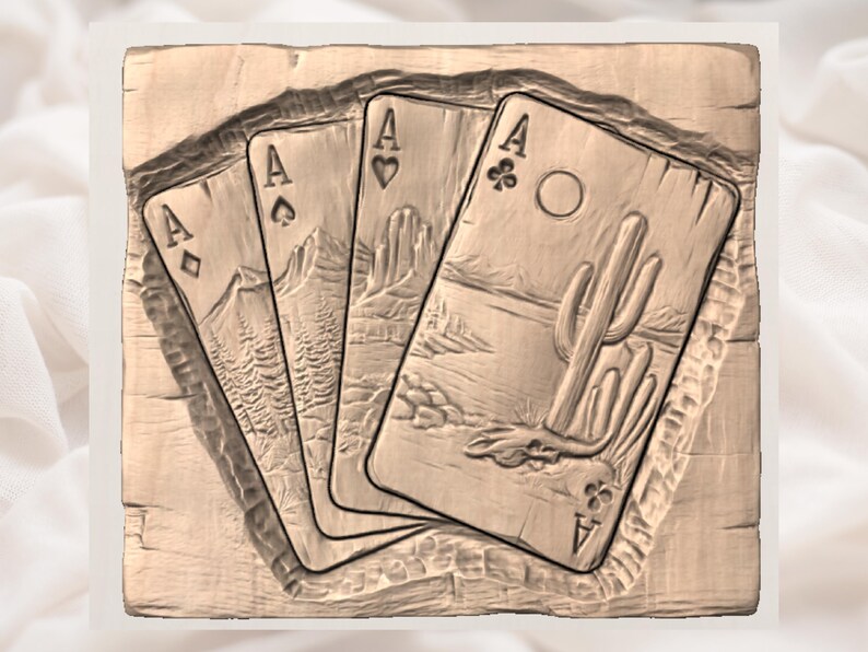 May include: Aged wooden plaque with four carved playing cards, all Aces. The cards are fanned out, each with a detailed landscape scene. The Ace of Clubs depicts a desert scene with a cactus, all in a sepia tone.