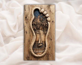 Beach Footprint 3D Relief STL File | Tropical Palm Boat Wood Grain CNC Carving | Coastal Wall Art Panel | 3D Print and Laser Engraving