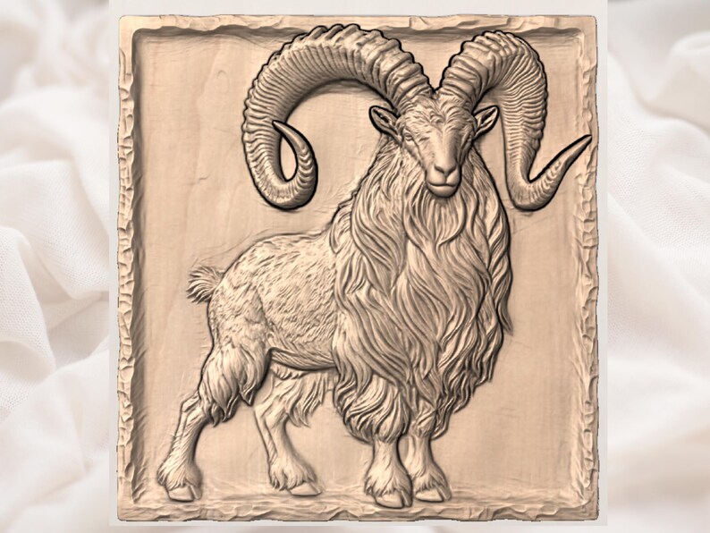 May include: A detailed wooden carving of a ram, featuring large, curved horns and a shaggy coat. The ram is centered on a rectangular wooden plaque. The carving is in shades of brown, with intricate details in the fur and horns.