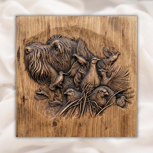 Jakthundfasaner 3D-relief STL | Fågelhund CNC-träsniderifil | Pekarscenväggkonst | Upplandsjaktgåva | Digital STL-nedladdning