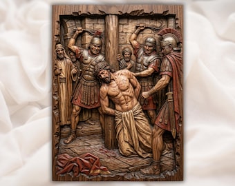 Jezus biczowany przy filarze, płaskorzeźba 3D, STL | Rzeźba w drewnie: Pasja Chrystusa | Sztuka ścienna na Wielki Tydzień | Biczowanie Chrystusa, STL