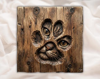 Cat Paw Print 3D Relief STL File | Hidden Kitty Face Paw Wood Grain CNC Carving | Pet Wall Art | 3D Print & Laser Engraving STL