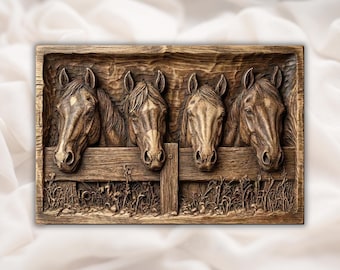 4 Horses 3D STL File | CNC Router Horse Relief Panel | Barn Stable Fence Western Ranch Decor | Wood Carving Wall Art | Laser Engraving 3D