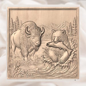 Bear Fishing & Bison 3D Relief STL view 2