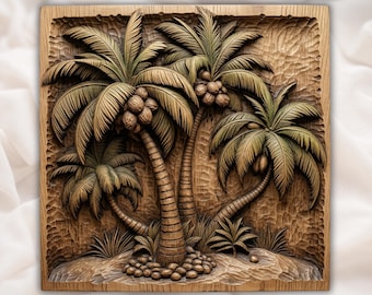 Relief 3D z palmą (STL) | Panel z rzeźbą w drewnie z tropikalnymi palmami kokosowymi | Sztuka ścienna na plaży | Tropikalne palmy wyspiarskie (STL) | Tabliczka ścienna z kokosem