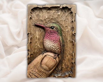 Hummingbird on Finger Relief STL | CNC Router 3D Carving Model | Tiny Bird Portrait Wood Grain Bas Relief Panel | Nature Wall Art Gift