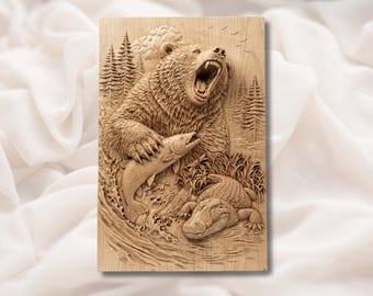 Relieve 3D de oso pescando (archivo STL) / Arte mural de fauna salvaje de río con oso grizzly y salmón / Compatible con fresadoras CNC Aspire, VCarve Pro, Carveco, Fusion 360 y ArtCAM.
