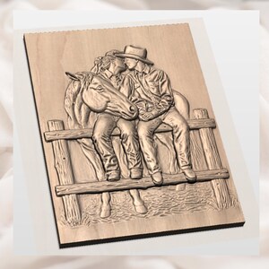 Cowboy Couple & Horse 3D Relief STL view 3