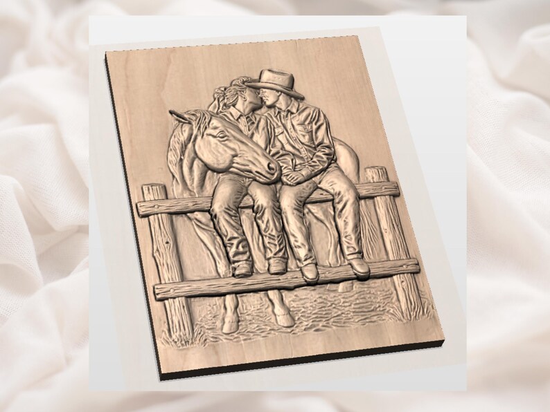 May include: A wooden relief carving depicts a couple kissing, seated on a fence with a horse. The man wears a cowboy hat and shirt, while the woman has long hair. The carving is in a natural wood tone, showcasing the detailed textures.