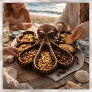 Puede incluir: Una fuente de servicio marr&oacute;n con forma de pulpo llena de aperitivos, incluyendo galletas saladas, nueces y aceitunas. La fuente est&aacute; sobre una mesa de madera con gente en el fondo. Tambi&eacute;n se ven conchas marinas y un vaso de agua.