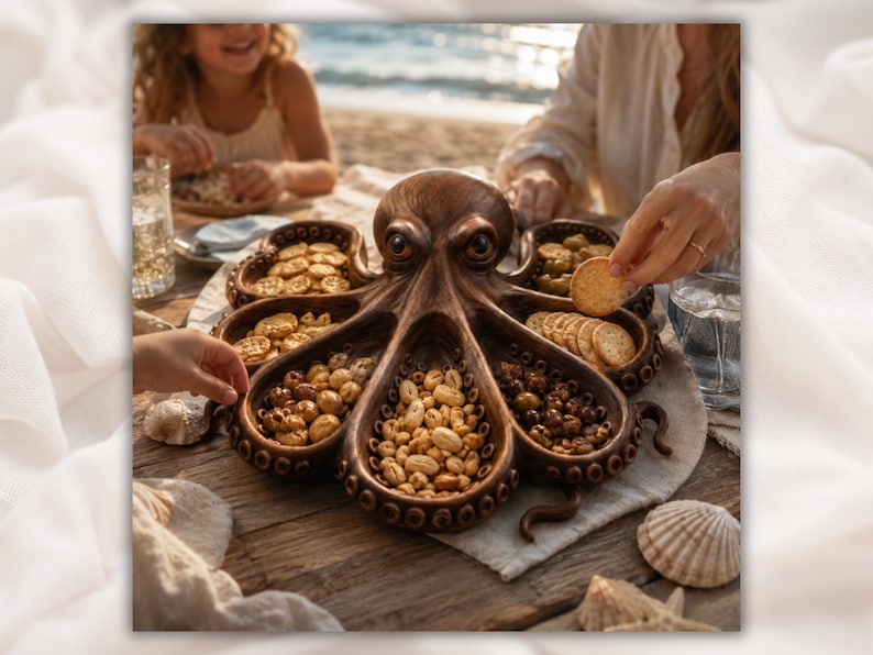 Puede incluir: Una fuente de servicio marr&oacute;n con forma de pulpo llena de aperitivos, incluyendo galletas saladas, nueces y aceitunas. La fuente est&aacute; sobre una mesa de madera con gente en el fondo. Tambi&eacute;n se ven conchas marinas y un vaso de agua.