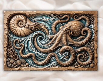 Painel de Arte de Parede com Polvo, Náutilo e Ondas | Escultura CNC em Relevo Oceânico e Marinho | Design de Relevo CNC da Vida Marinha