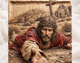Jesus Reaching Hand Relief STL | Jesus Says "Hold my Hand" | Christ Crown of Thorns Cross Scene  | Crucifixion Scene 3D Relief STL File