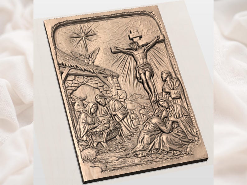 Jesus Nativity and Crucifixion STL| Christian Story Panel | Jesus Birth & Cross Relief| Biblical Wall Art | Religious 3D Carving Model image 3