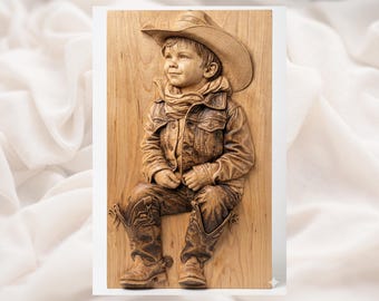 Cowboy Boy 3D Relief STL | Western Kid Portrait Wall Art Panel | CNC Router Aspire, VCarve Pro, Carveco, Fusion 360, ArtCAM